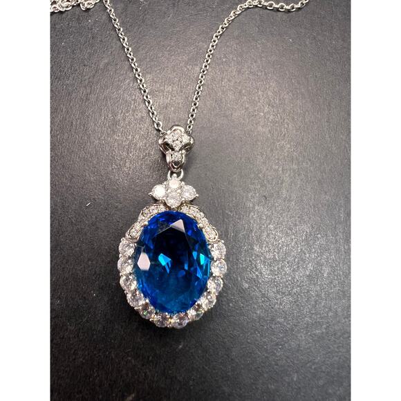 Blue and white CZ sterling silver halo pendant - Picture 11 of 11